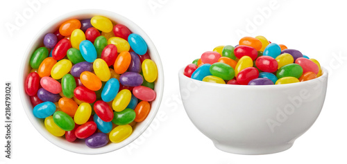 two white bowls filled with colorful jelly beans