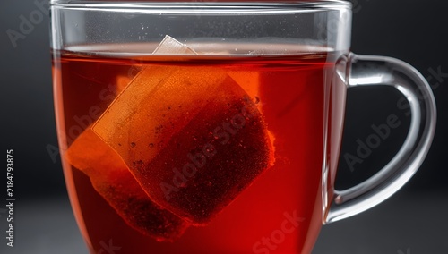 Clear Glass Cup Tea with Red Loose Leaf Tea Bag in Hot Brew