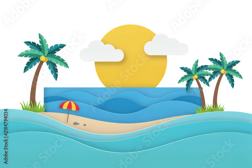 Paper cut style beach landscape with palm trees, yellow sun, blue ocean waves, and a small striped beach umbrella isolated on a transparent background
