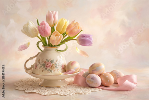 Vintage teacup with pastel tulips and painted Easter eggs on lace tablecloth