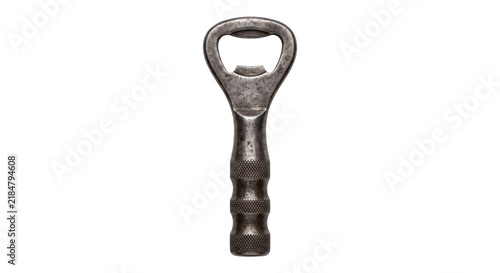 Foto Vintage metal bottle opener with textured handle on a white background