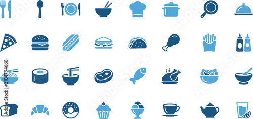 Blue flat icons depicting various food items cooking utensils and restaurant service on a white background