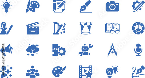 Set of blue flat icons representing creativity media and technology concepts