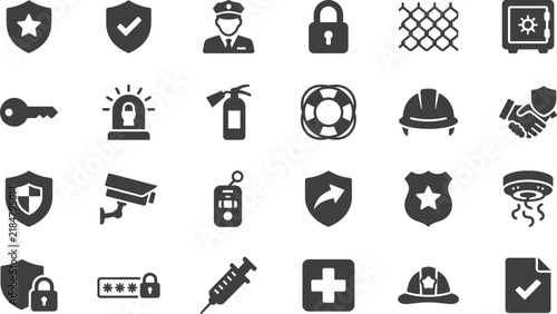 Security and safety flat icons set including police officer lock shield and medical symbols