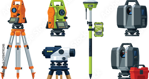 Fotografie Land Surveying Equipment Vector Set featuring Total Station Theodolite GNSS GPS