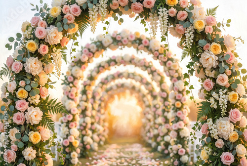 Romantic floral archway with roses and peonies for wedding ceremony