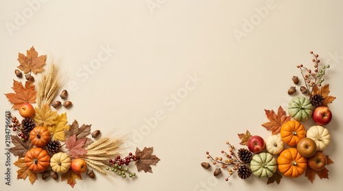 Decorative autumn corner borders featuring colorful fall leaves and small pumpkins on a neutral beige background