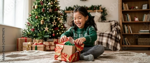 Asian child opening Christmas gift box with expression of pure joy. Happy young girl unboxing present near decorated tree