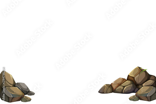 Sandy beach with blue ocean waves, foam, and large brown rocks on both sides of the shore isolated on a transparent background
