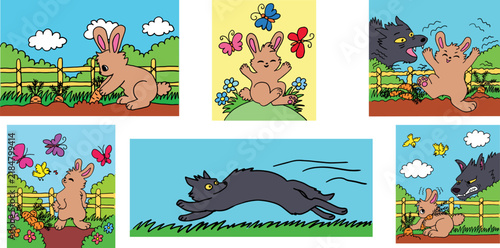 Conceptual hand-drawn vector fairytale illustration set with cute bunny rabbit, big bad wolf and forest landscape scenes for kids books and games.