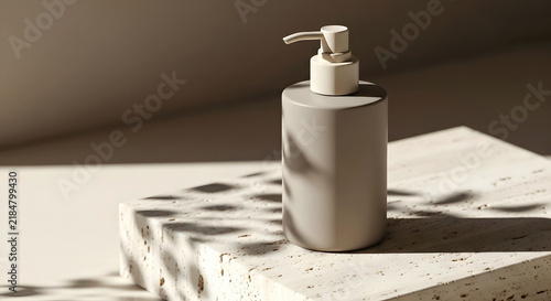Matte beige dispenser bottle standing on travertine stone platform with natural leaf shadows