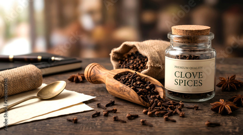 Premium clove spices filling a glass jar and wooden scoop on dark table