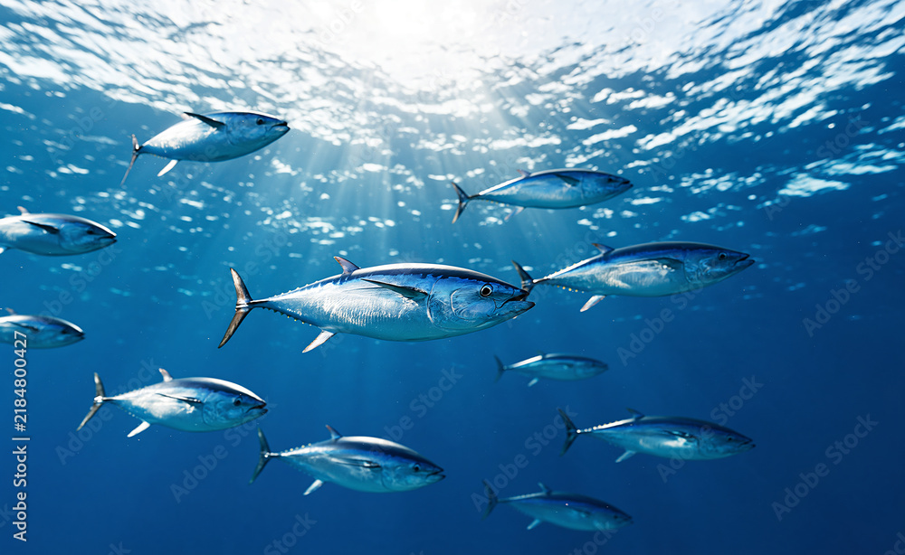 Obraz premium School of tuna fish swimming near ocean surface, seafood