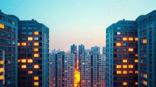 Evening view of tall residential buildings with lit windows against a clear sky in an urban cityscape.