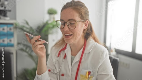 Woman doctor wearing glasses speaking into smartphone, holding phone near mouth with red stethoscope visible in office building; telehealth reassurance.