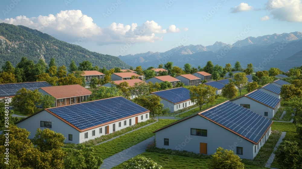 Obraz premium A residential neighborhood with solar panels on rooftops, set in a scenic mountainous area under a partly cloudy sky.