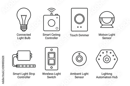 Smart home lighting control system icons set
