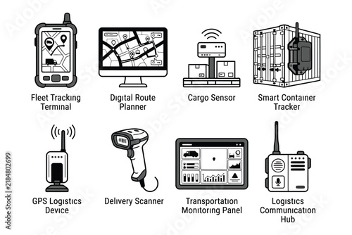 Logistics and fleet management technology icons set