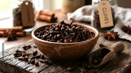 Whole dried cloves sitting in a ceramic bowl on rustic wooden cutting board