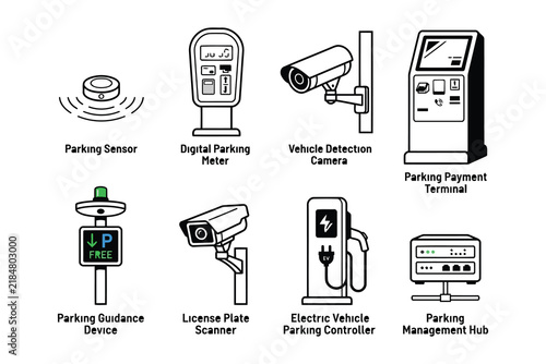 Smart parking system icons set illustration