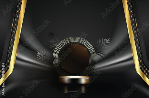 Luxury black and gold product display podium with circular geometric frame and palm leaf