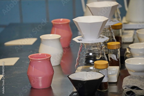 Fotografía Funnels with filters for brewing specialty coffee in a glass server