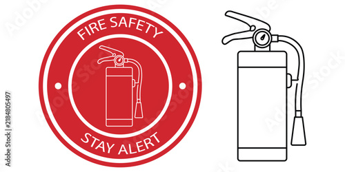 Fire safety warning illustration with fire extinguisher and stay alert emergency protection symbol