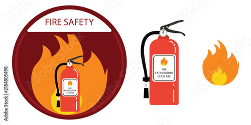 Fire safety illustration with fire extinguisher, flames, and emergency protection symbol