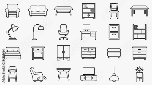 Comprehensive Set of Minimalist Furniture and Home Office Icons for Design Projects