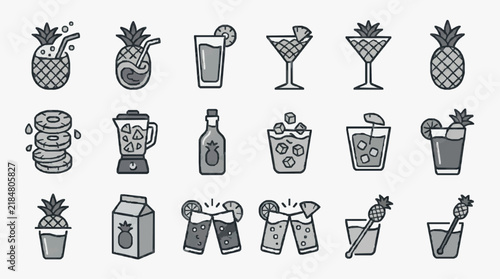 Pineapple Cocktail Ingredients and Drinks Set with Glassware Icons