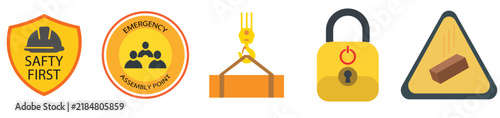 Workplace Safety Icons Set with Emergency Assembly Point Lock and Falling Object Warning