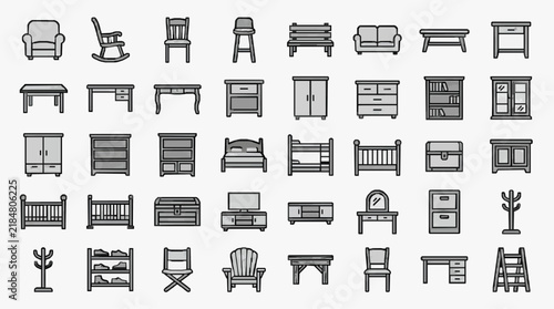Comprehensive collection of furniture icons for interior design projects and branding