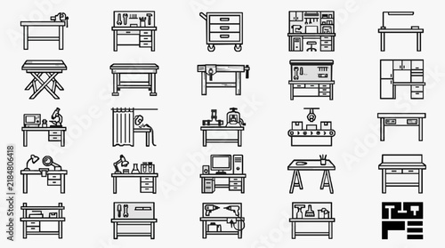 Diverse Workstations and Tool Stations Line Art Collection for Office and Workshop Design