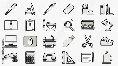 Comprehensive collection of office and study stationery icons for design projects