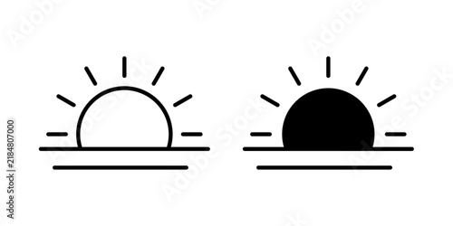 Sunrise icon shows the sun appearing above the horizon, symbolizing the beginning of a new day and morning light.