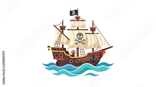Fotografía Classic wooden pirate ship sailing on blue ocean waves.