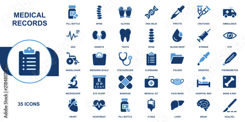Comprehensive collection of blue medical records icons for healthcare systems clinical diagnostics and hospital patient services