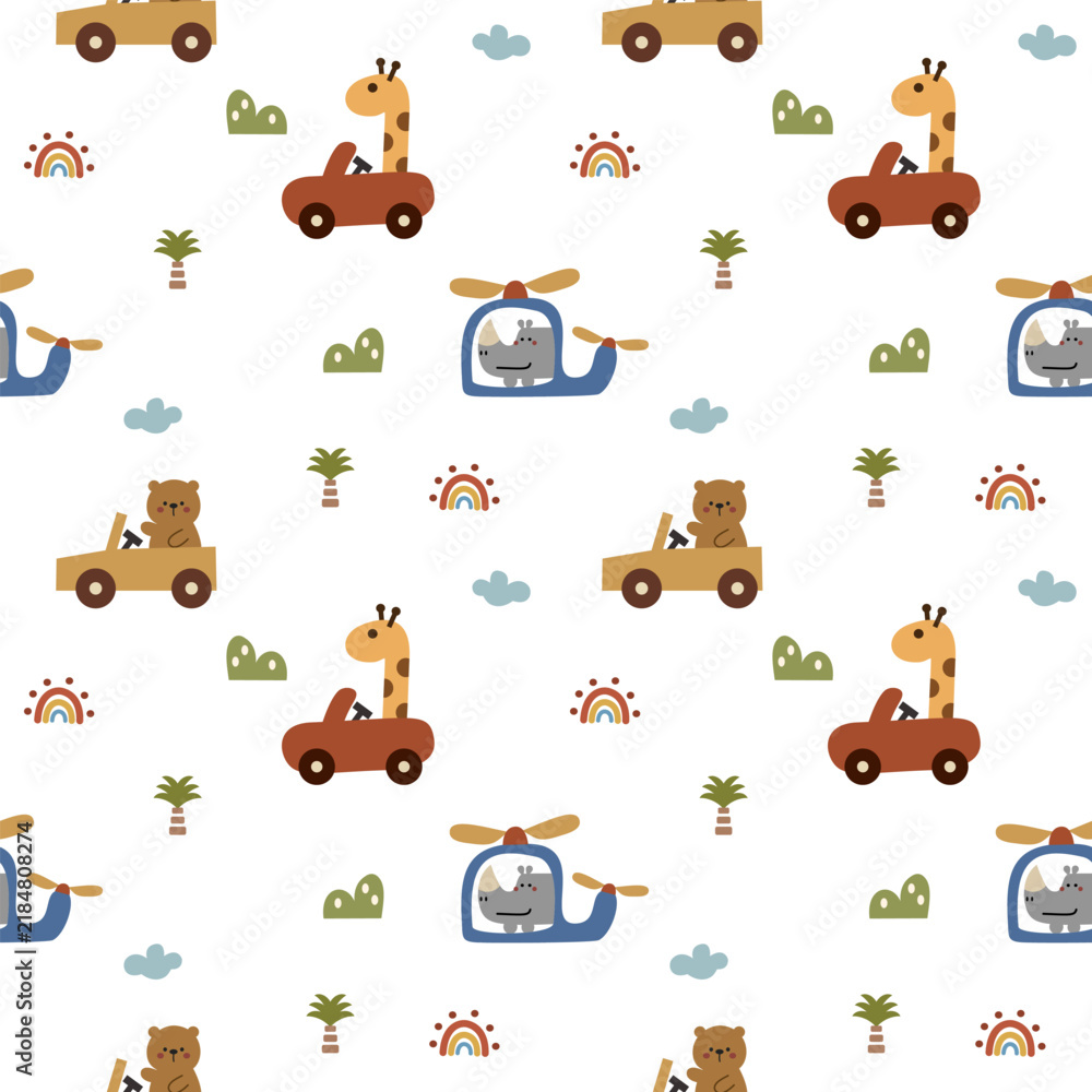 Obraz premium Wildlife in car hand drawn cartoon so cute. On bear giraffe rhinoceros helicopter mountain tree rainbow cloud background. Pattern seamless vector illustration. 