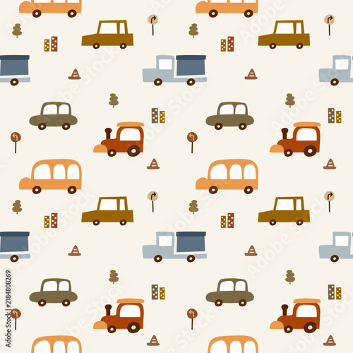 Vehicle in the city hand drawn cartoon so cute. On car bus truck train building traffic signs traffic cone tree background. Pattern seamless vector illustration. 