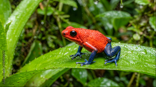 Strawberry poison dart frog sitting on wet leaf in jungle