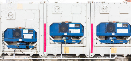 Reefer shipping container engine stacking at the container yard. 
