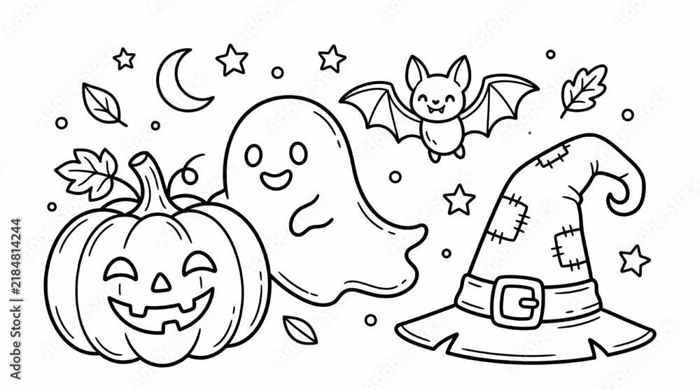 Fototapeta premium Black and white halloween coloring page with pumpkin ghost and witch hat