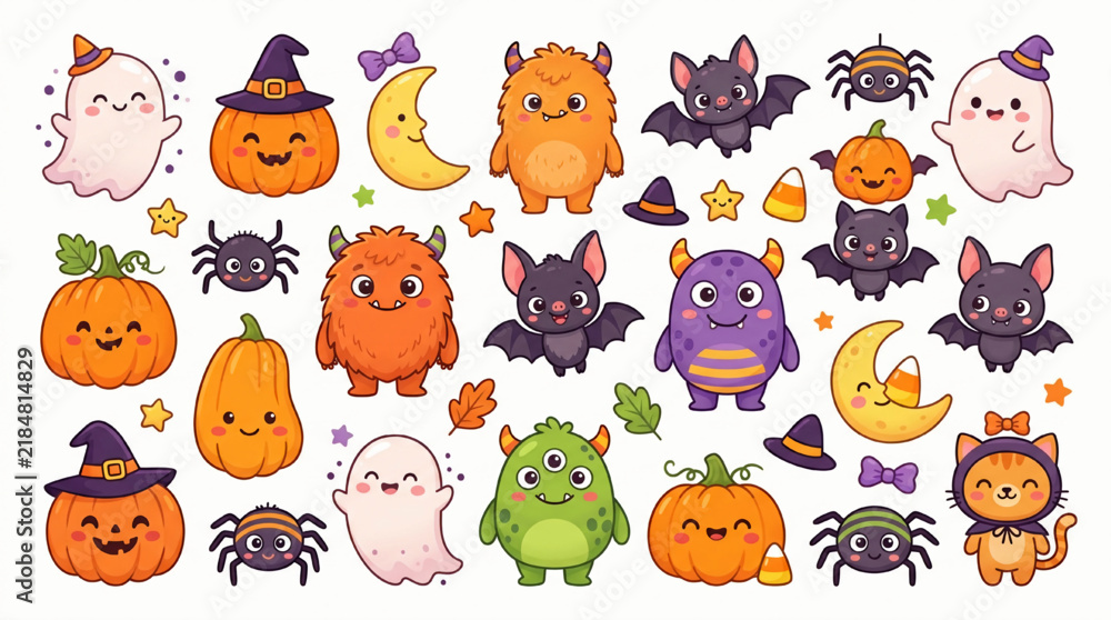 Obraz premium Cute cartoon halloween character icons set