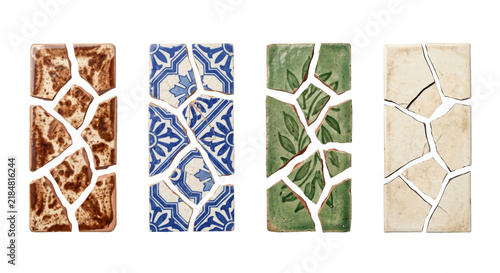 Obraz na plátne Collection of broken ceramic tiles with diverse patterns and colors
