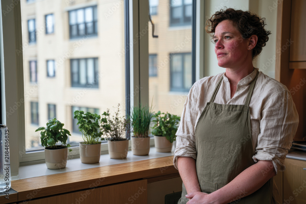 Fototapeta premium A woman gazes thoughtfully out of a sunlit window, surrounded by fresh herbs in pots, capturing the spirit of culinary innovation and organic living.