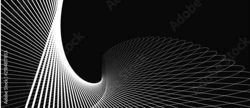 abstract graphic design of flowing white line art forming elegant spiral tunnel shape against black background, subtle light effects and shadows creating depth and movement