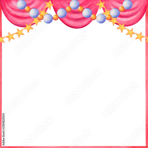 Square frame with circus curtain, strip of yellow stars and blue beads hand drawn watercolor