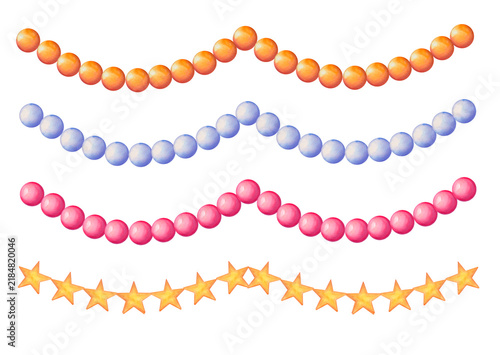Set of hand-drawn watercolor garland of yellow, blue, red, beads and stars