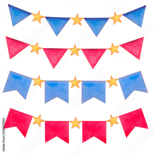 Set of red and blue garland flags with stars beads hand-drawn watercolor