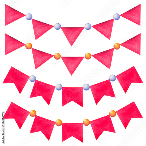 Set of red garland flags with colorful beads hand-drawn watercolor